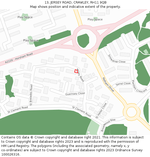 13, JERSEY ROAD, CRAWLEY, RH11 9QB: Location map and indicative extent of plot