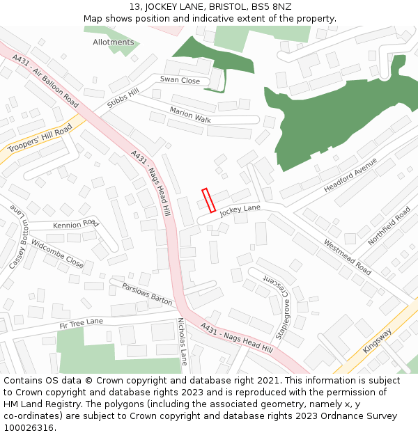 13, JOCKEY LANE, BRISTOL, BS5 8NZ: Location map and indicative extent of plot