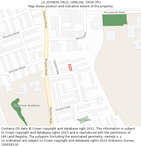 13, JOYNERS FIELD, HARLOW, CM18 7PU: Location map and indicative extent of plot