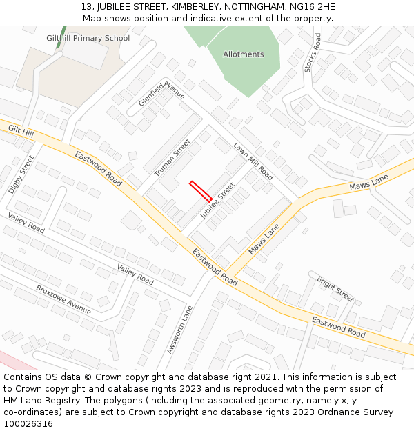 13, JUBILEE STREET, KIMBERLEY, NOTTINGHAM, NG16 2HE: Location map and indicative extent of plot
