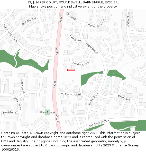 13, JUNIPER COURT, ROUNDSWELL, BARNSTAPLE, EX31 3RL: Location map and indicative extent of plot