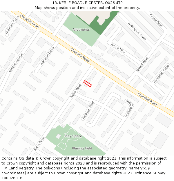 13, KEBLE ROAD, BICESTER, OX26 4TP: Location map and indicative extent of plot