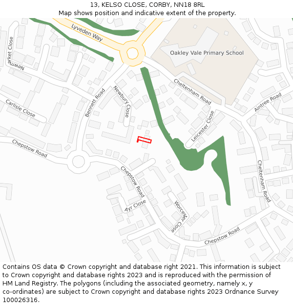 13, KELSO CLOSE, CORBY, NN18 8RL: Location map and indicative extent of plot