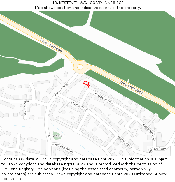 13, KESTEVEN WAY, CORBY, NN18 8GF: Location map and indicative extent of plot