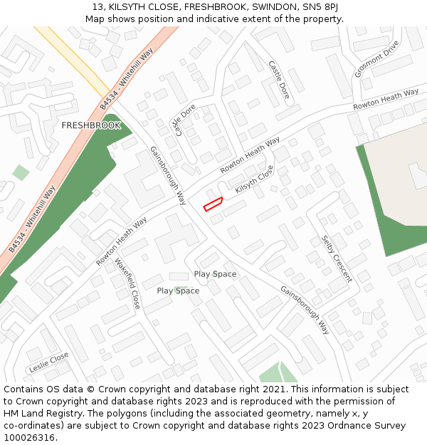 13, KILSYTH CLOSE, FRESHBROOK, SWINDON, SN5 8PJ: Location map and indicative extent of plot