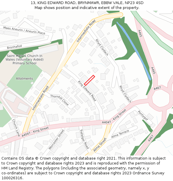 13, KING EDWARD ROAD, BRYNMAWR, EBBW VALE, NP23 4SD: Location map and indicative extent of plot