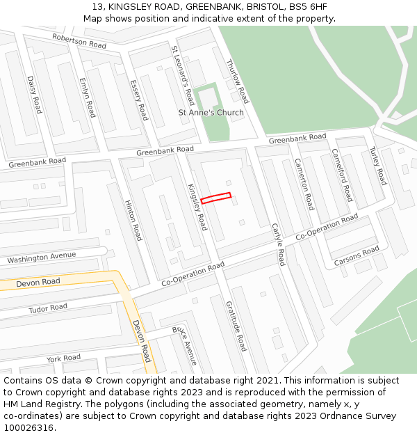 13, KINGSLEY ROAD, GREENBANK, BRISTOL, BS5 6HF: Location map and indicative extent of plot