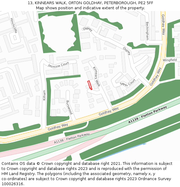 13, KINNEARS WALK, ORTON GOLDHAY, PETERBOROUGH, PE2 5FF: Location map and indicative extent of plot