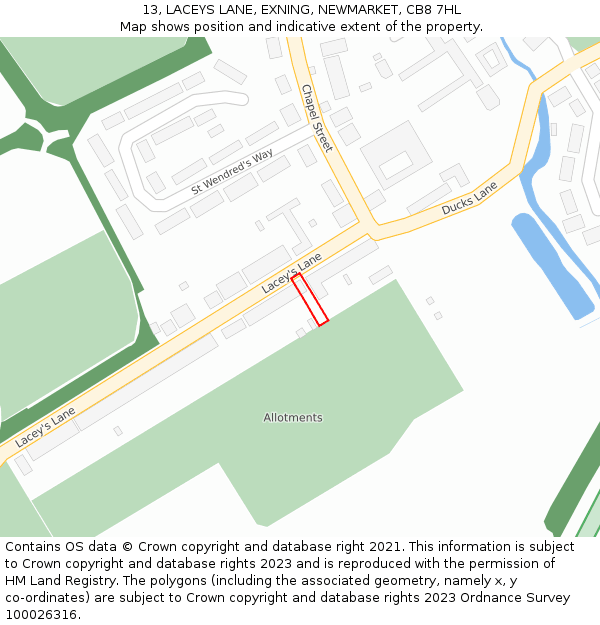 13, LACEYS LANE, EXNING, NEWMARKET, CB8 7HL: Location map and indicative extent of plot