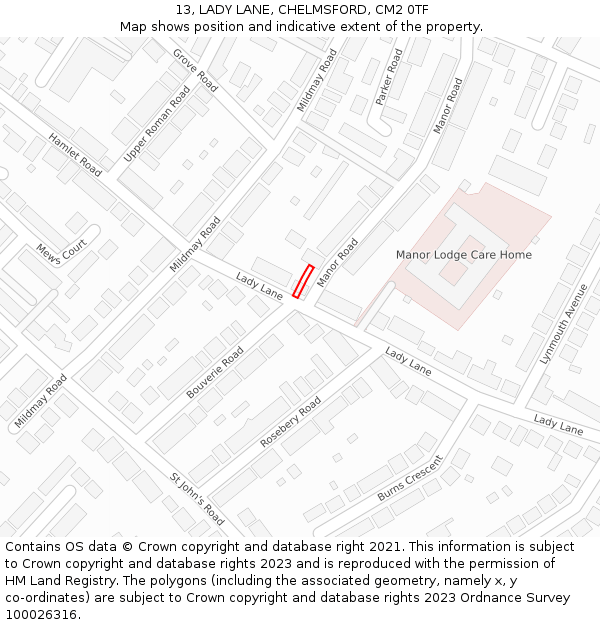 13, LADY LANE, CHELMSFORD, CM2 0TF: Location map and indicative extent of plot