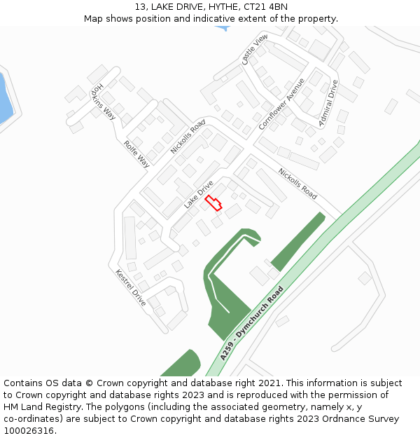 13, LAKE DRIVE, HYTHE, CT21 4BN: Location map and indicative extent of plot