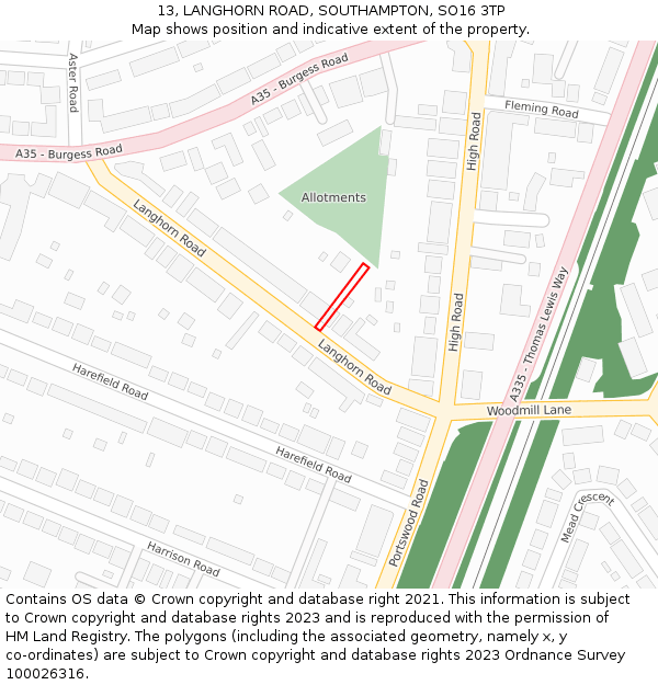 13, LANGHORN ROAD, SOUTHAMPTON, SO16 3TP: Location map and indicative extent of plot