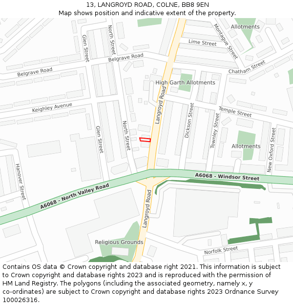 13, LANGROYD ROAD, COLNE, BB8 9EN: Location map and indicative extent of plot