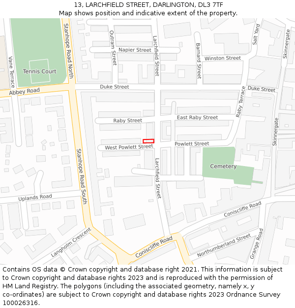 13, LARCHFIELD STREET, DARLINGTON, DL3 7TF: Location map and indicative extent of plot