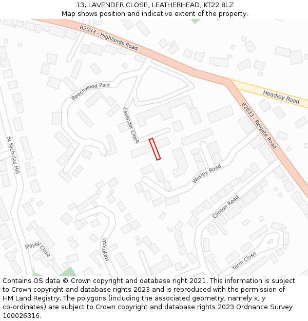 13, LAVENDER CLOSE, LEATHERHEAD, KT22 8LZ: Location map and indicative extent of plot