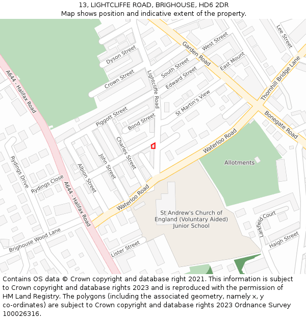 13, LIGHTCLIFFE ROAD, BRIGHOUSE, HD6 2DR: Location map and indicative extent of plot