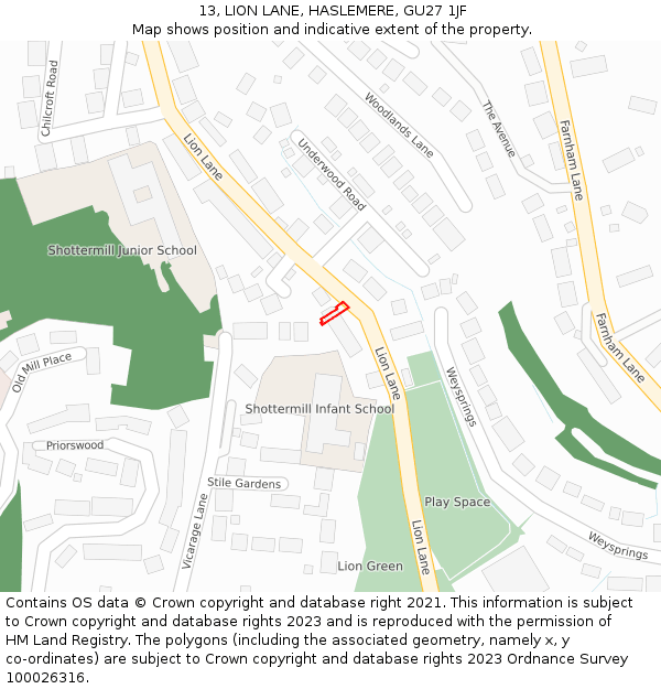 13, LION LANE, HASLEMERE, GU27 1JF: Location map and indicative extent of plot