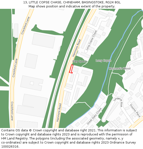 13, LITTLE COPSE CHASE, CHINEHAM, BASINGSTOKE, RG24 8GL: Location map and indicative extent of plot