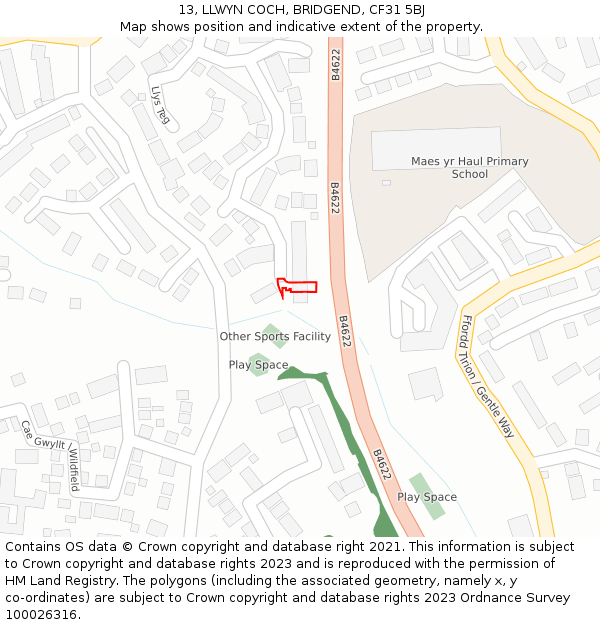 13, LLWYN COCH, BRIDGEND, CF31 5BJ: Location map and indicative extent of plot