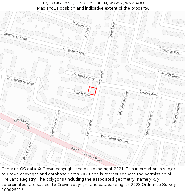 13, LONG LANE, HINDLEY GREEN, WIGAN, WN2 4QQ: Location map and indicative extent of plot