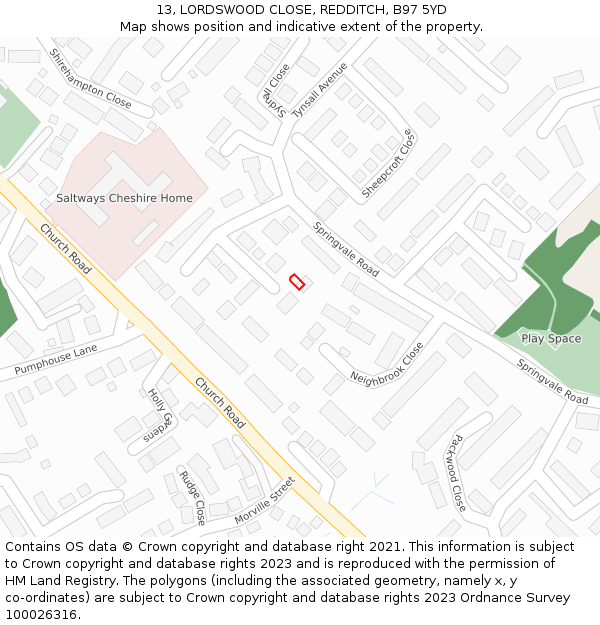 13, LORDSWOOD CLOSE, REDDITCH, B97 5YD: Location map and indicative extent of plot
