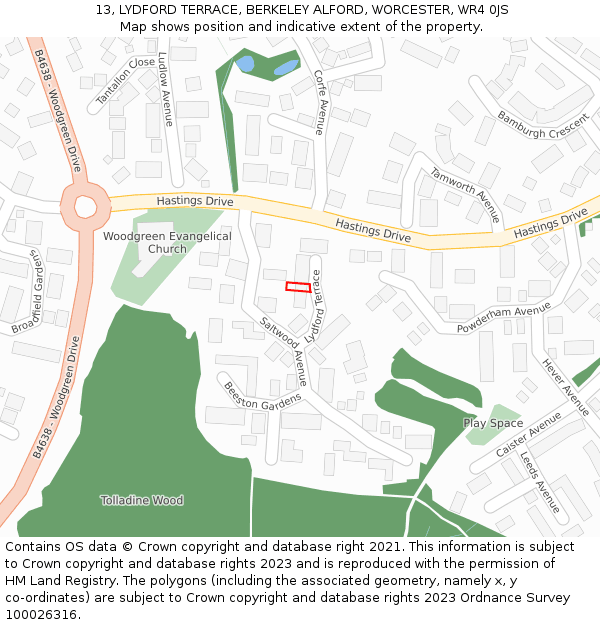 13, LYDFORD TERRACE, BERKELEY ALFORD, WORCESTER, WR4 0JS: Location map and indicative extent of plot