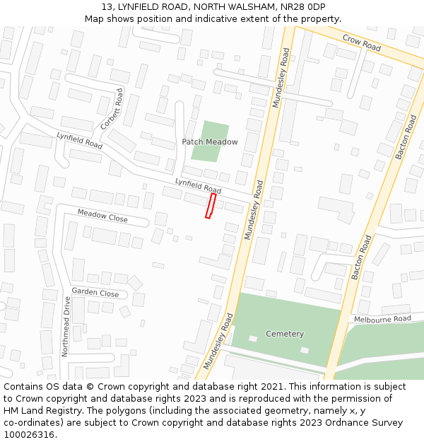13, LYNFIELD ROAD, NORTH WALSHAM, NR28 0DP: Location map and indicative extent of plot