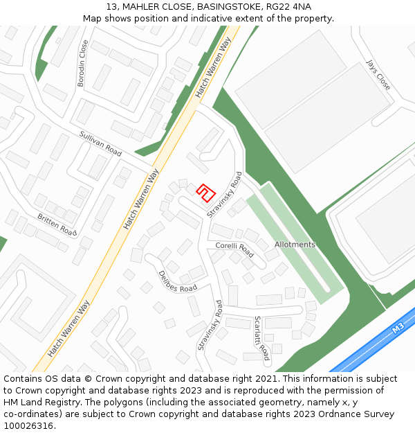 13, MAHLER CLOSE, BASINGSTOKE, RG22 4NA: Location map and indicative extent of plot