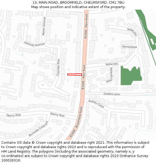 13, MAIN ROAD, BROOMFIELD, CHELMSFORD, CM1 7BU: Location map and indicative extent of plot