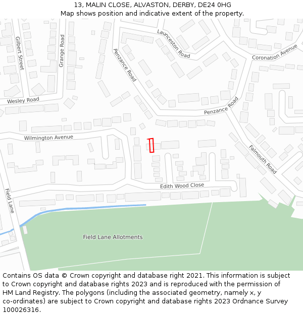 13, MALIN CLOSE, ALVASTON, DERBY, DE24 0HG: Location map and indicative extent of plot