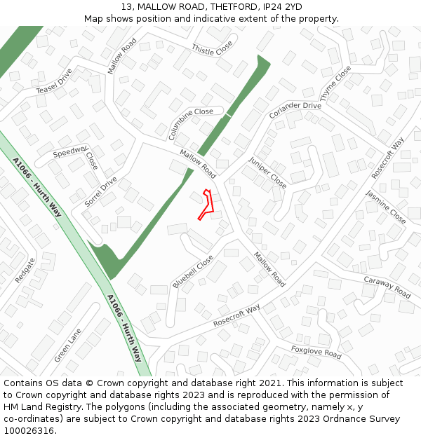 13, MALLOW ROAD, THETFORD, IP24 2YD: Location map and indicative extent of plot