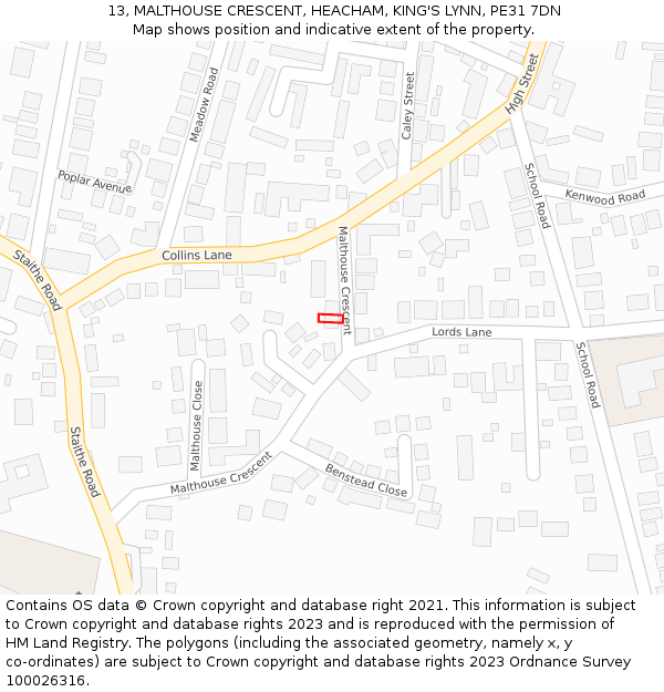 13, MALTHOUSE CRESCENT, HEACHAM, KING'S LYNN, PE31 7DN: Location map and indicative extent of plot