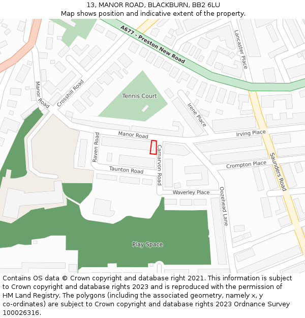 13, MANOR ROAD, BLACKBURN, BB2 6LU: Location map and indicative extent of plot