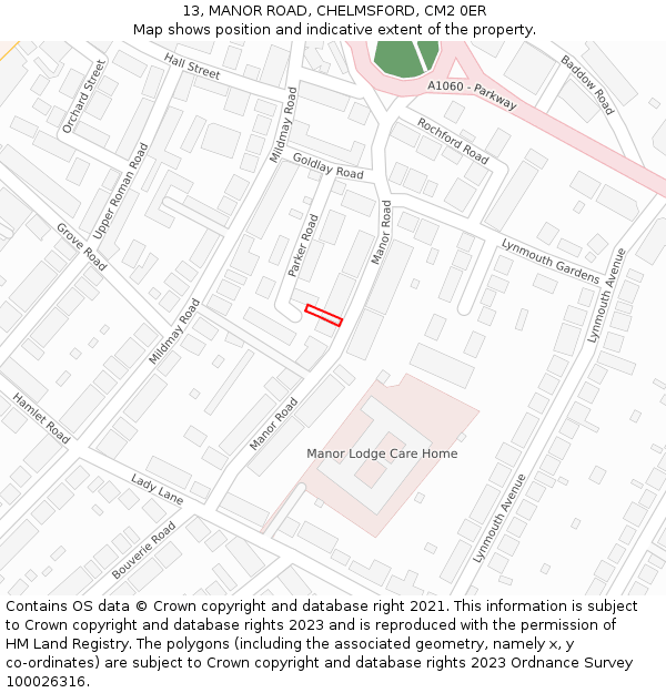 13, MANOR ROAD, CHELMSFORD, CM2 0ER: Location map and indicative extent of plot