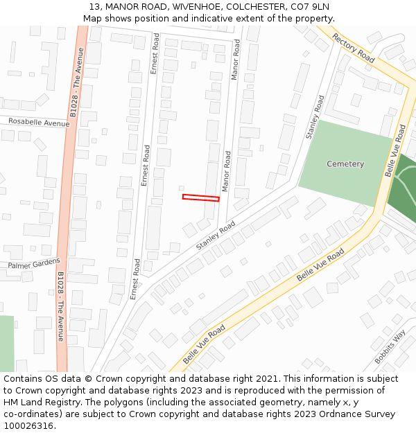 13, MANOR ROAD, WIVENHOE, COLCHESTER, CO7 9LN: Location map and indicative extent of plot