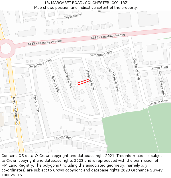13, MARGARET ROAD, COLCHESTER, CO1 1RZ: Location map and indicative extent of plot