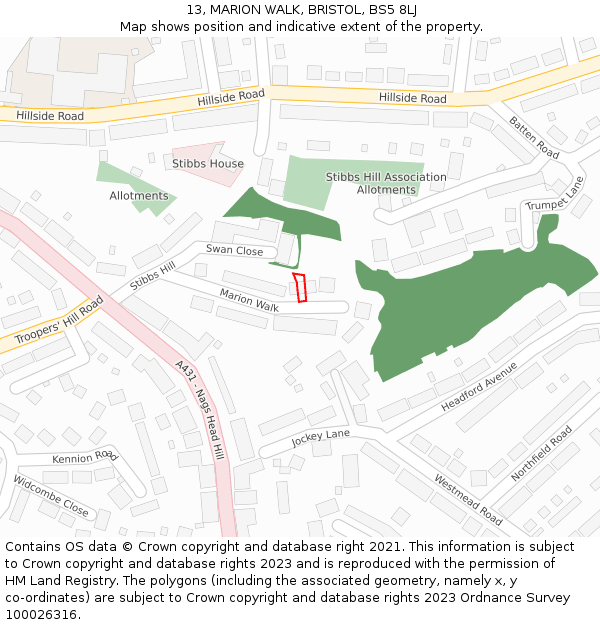 13, MARION WALK, BRISTOL, BS5 8LJ: Location map and indicative extent of plot