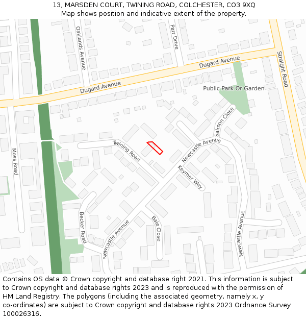 13, MARSDEN COURT, TWINING ROAD, COLCHESTER, CO3 9XQ: Location map and indicative extent of plot