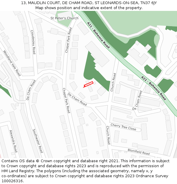 13, MAUDLIN COURT, DE CHAM ROAD, ST LEONARDS-ON-SEA, TN37 6JY: Location map and indicative extent of plot