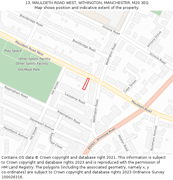 13, MAULDETH ROAD WEST, WITHINGTON, MANCHESTER, M20 3EQ: Location map and indicative extent of plot