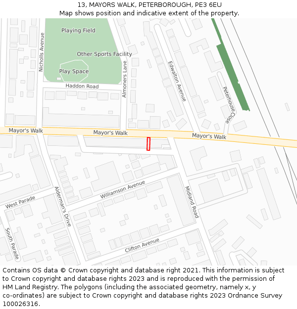 13, MAYORS WALK, PETERBOROUGH, PE3 6EU: Location map and indicative extent of plot