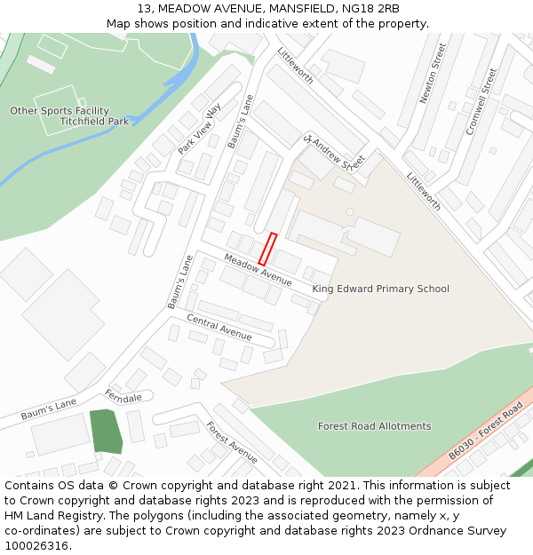 13, MEADOW AVENUE, MANSFIELD, NG18 2RB: Location map and indicative extent of plot