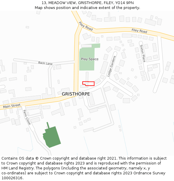 13, MEADOW VIEW, GRISTHORPE, FILEY, YO14 9PN: Location map and indicative extent of plot