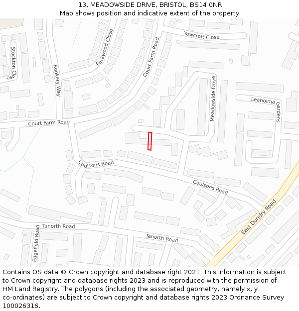 13, MEADOWSIDE DRIVE, BRISTOL, BS14 0NR: Location map and indicative extent of plot