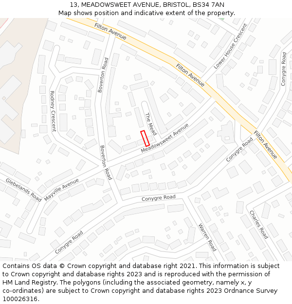 13, MEADOWSWEET AVENUE, BRISTOL, BS34 7AN: Location map and indicative extent of plot