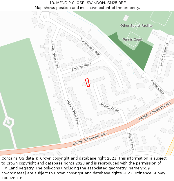 13, MENDIP CLOSE, SWINDON, SN25 3BE: Location map and indicative extent of plot