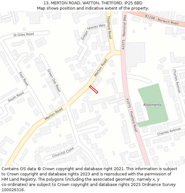 13, MERTON ROAD, WATTON, THETFORD, IP25 6BD: Location map and indicative extent of plot