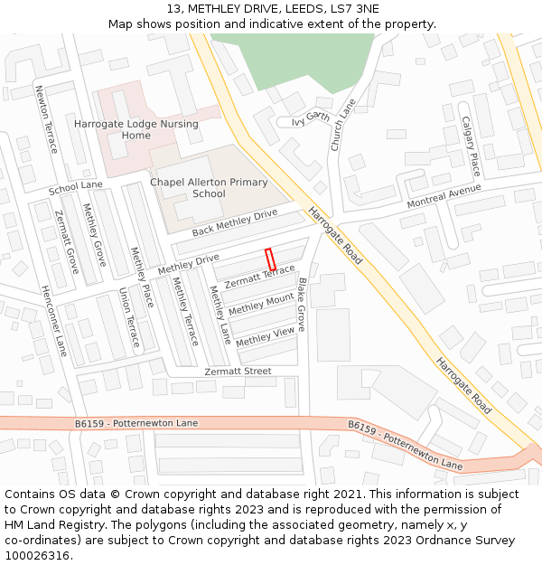 13, METHLEY DRIVE, LEEDS, LS7 3NE: Location map and indicative extent of plot
