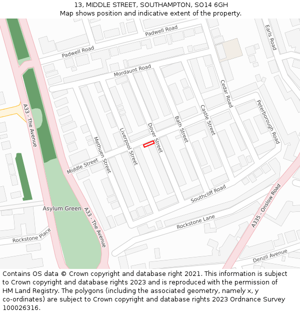 13, MIDDLE STREET, SOUTHAMPTON, SO14 6GH: Location map and indicative extent of plot
