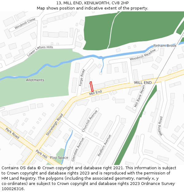 13, MILL END, KENILWORTH, CV8 2HP: Location map and indicative extent of plot